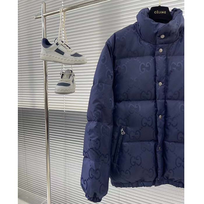 G*u*i men jumbo gg canvas down jacket blue nylon front zip pockets