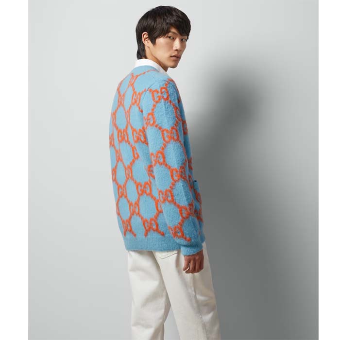 G*u*i men wool cardigan gg intarsia blue v-neck long sleeves