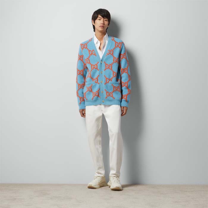 G*u*i men wool cardigan gg intarsia blue v-neck long sleeves
