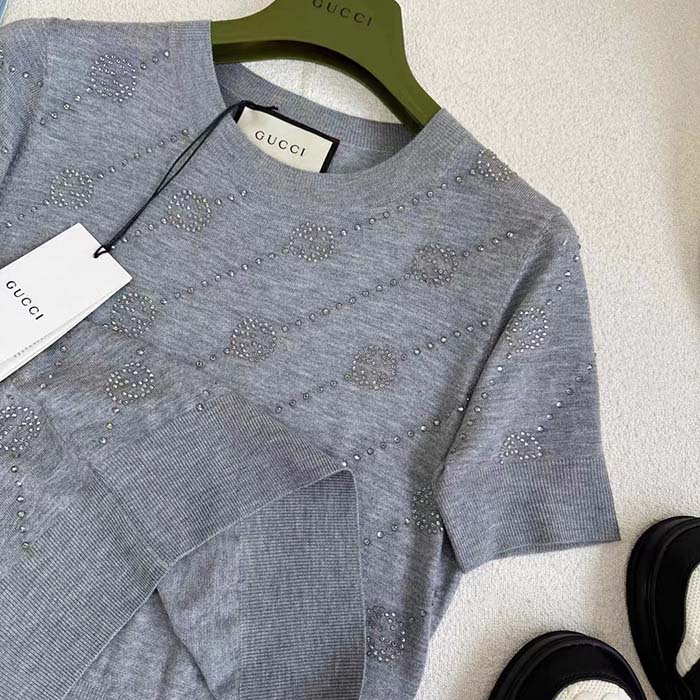 G*u*i women gg cashmere crewneck interlocking g grey diagonal stripe crystals