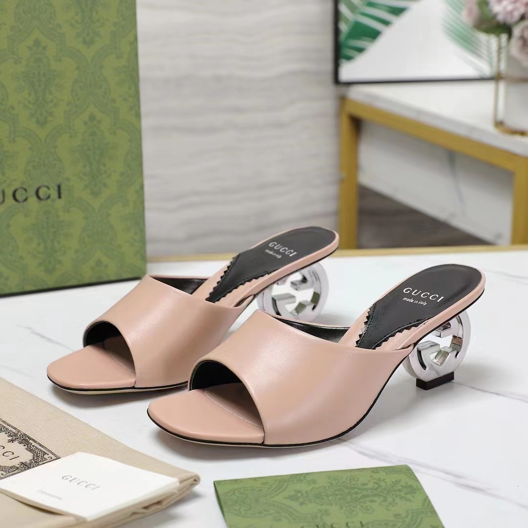 G*u*i women interlocking g heel sandal light pink leather mid 7.6 cm heel