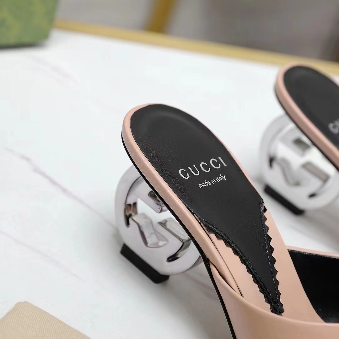 G*u*i women interlocking g heel sandal light pink leather mid 7.6 cm heel