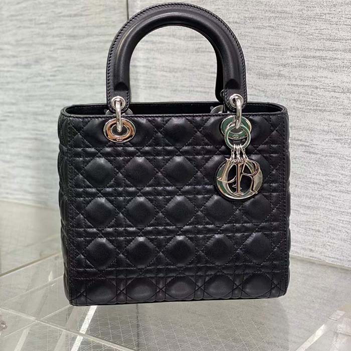 Dior Women CD Medium Lady Dior Bag Black Cannage Lambskin Silver