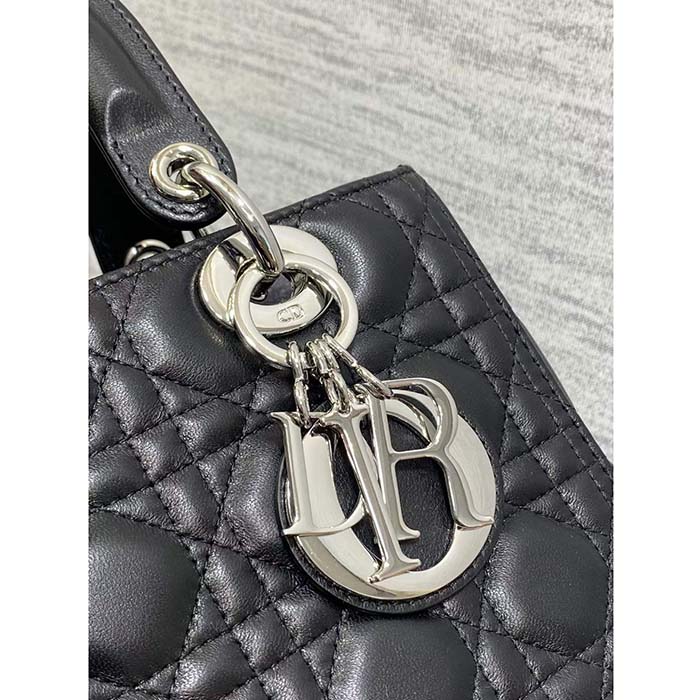 Dior Women CD Medium Lady Dior Bag Black Cannage Lambskin Silver