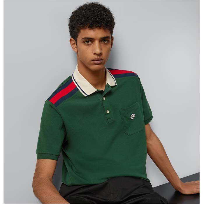 G*u*i men gg cotton polo interlocking g green short sleeves chest pocket
