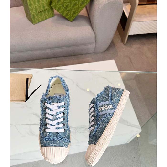 G*u*i unisex gg sneaker blue denim rubber sole lace up flat