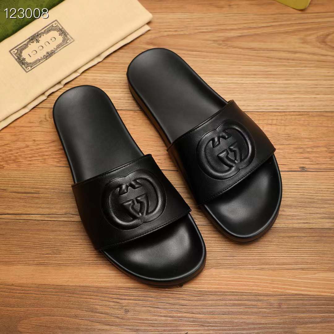 G*u*i unisex slide sandal interlocking g black leather flat