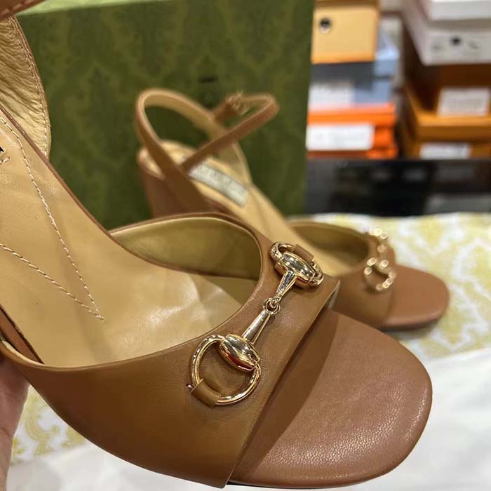 G*u*i women gg horsebit sandal brown leather high heel ankle buckle