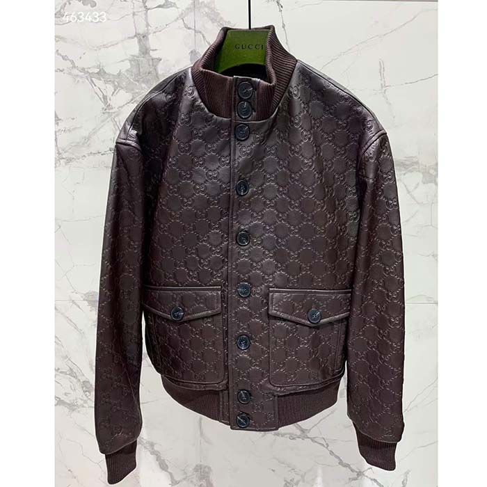 G*u*i women gg leather bomber jacket brown lambskin front patch pockets