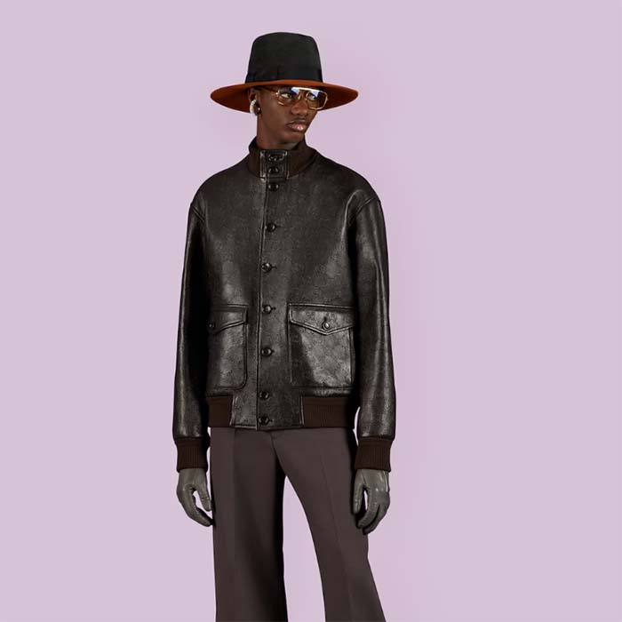 G*u*i men gg leather bomber jacket brown lambskin front patch pockets