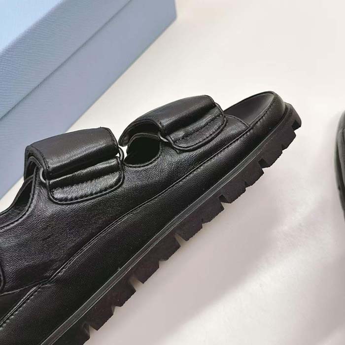Prada Women Flat Nappa Leather Sandals Rubber Sole Lug Tread