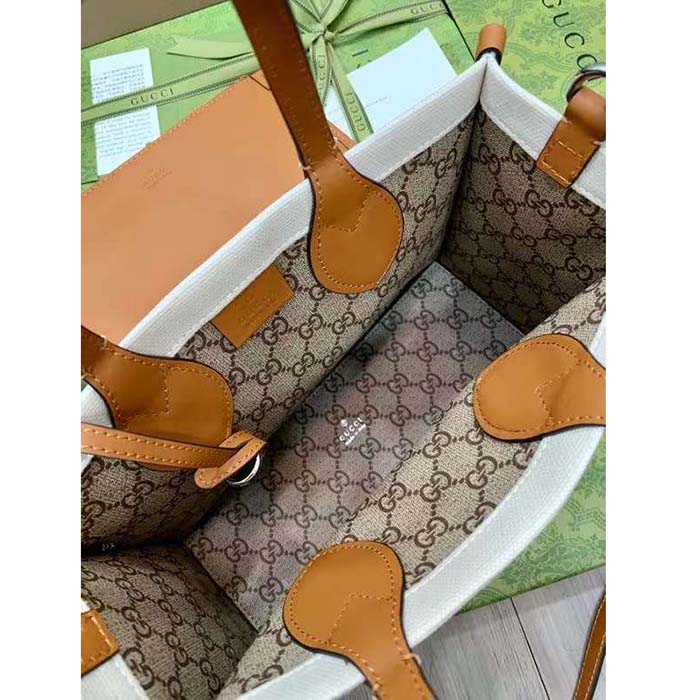 G*u*i gg unisex mini tote bag print beige cotton linen canvas light brown leather