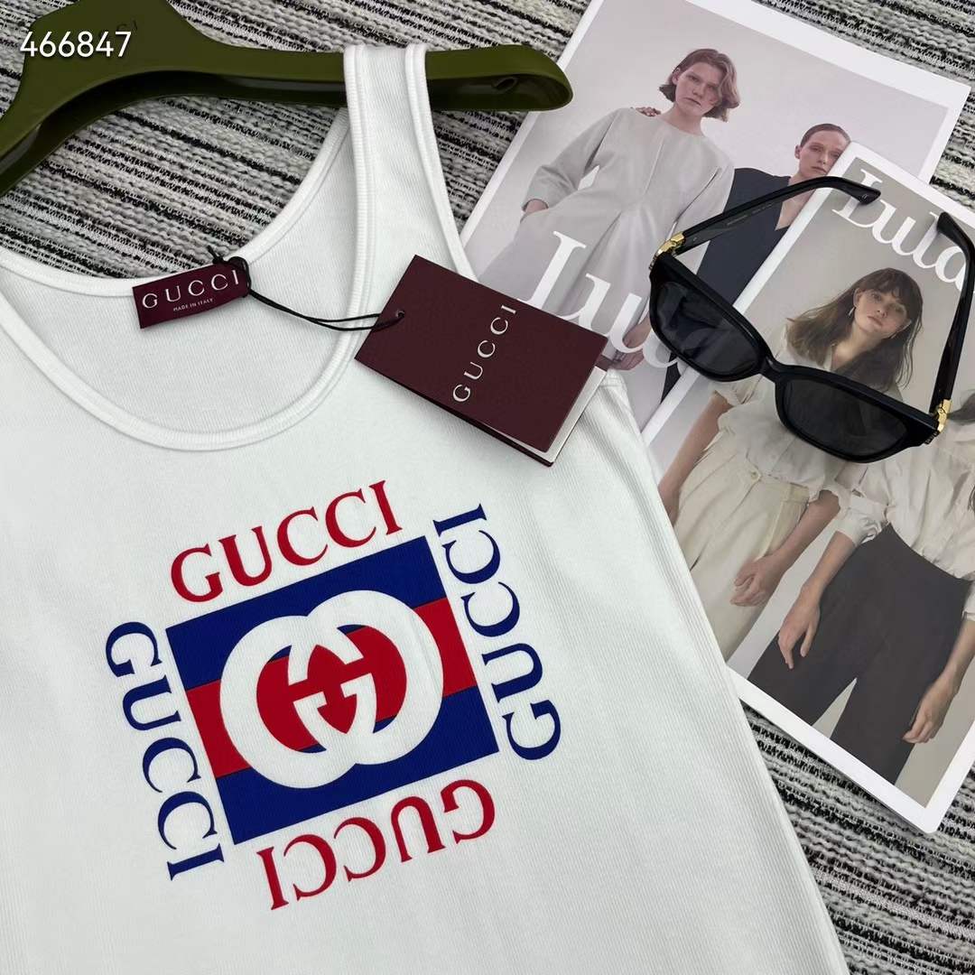 G*u*i women gg rib cotton tank top G*u*i print white scoop neck sleeveless