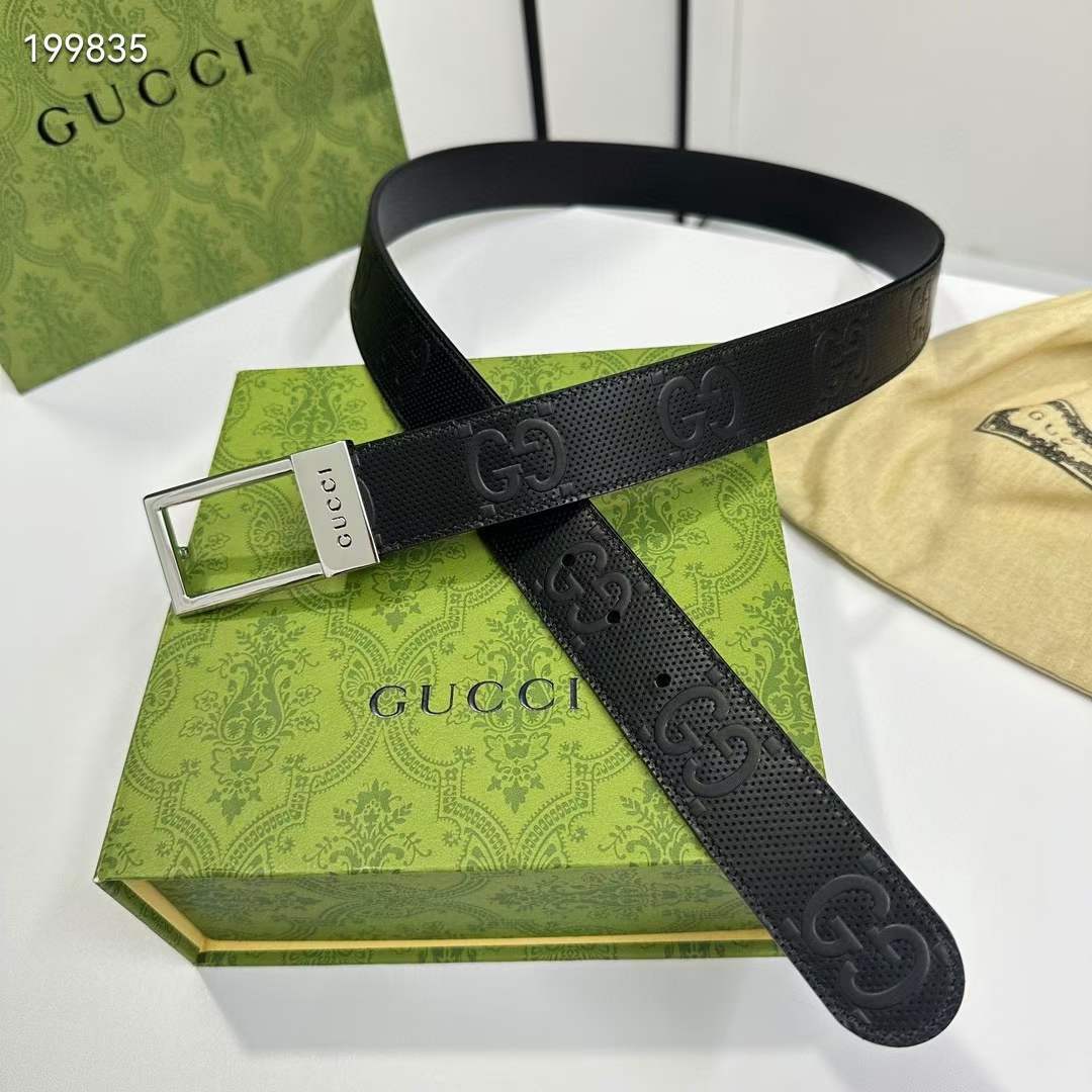 G*u*i unisex gg belt rectangular buckle black leather 3.6 cm width