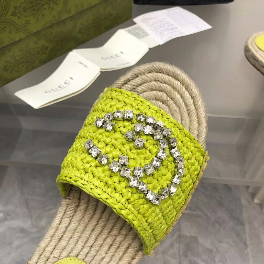 G*u*i unisex gg interlocking g espadrille lime green viscose-effect raffia flat