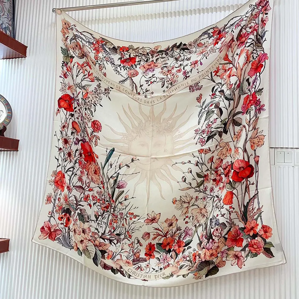 Dior Unisex Dior 4 Saisons Printemps Soleil 90 Square Scarf Ecru Multicolor Silk Twill