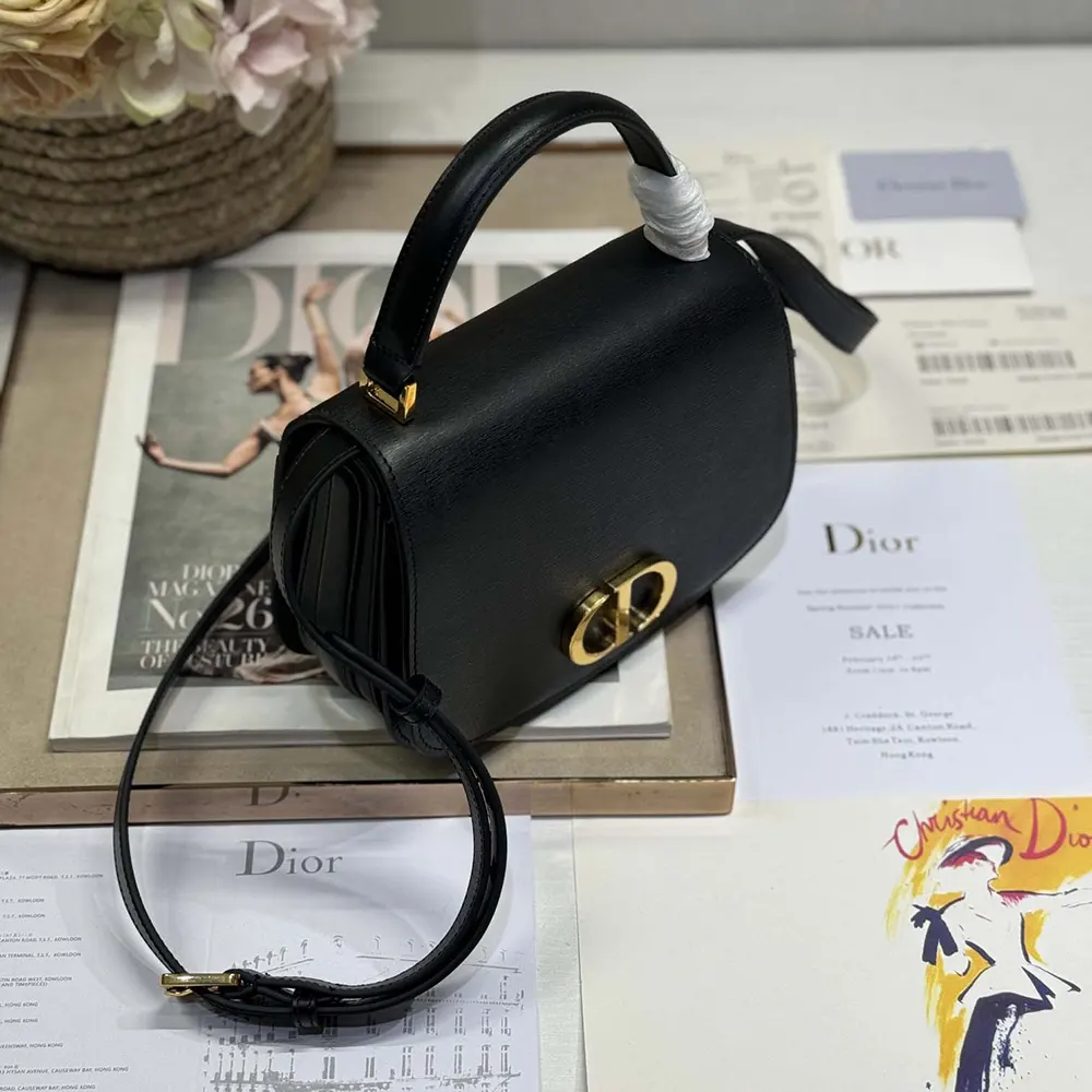 Dior Women Medium 30 Montaigne Avenue Top Handle Bag Black Ribbed Calfskin
