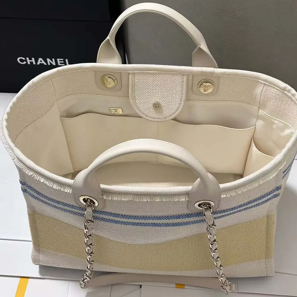 Chanel Women Shopping Bag Cotton Canvas Gold Tone Metal AS3351