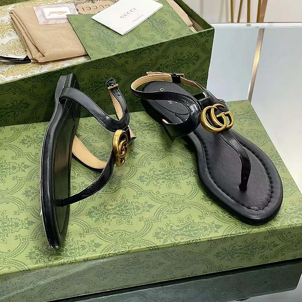 G*u*i women gg thong anklet flat leather sandals-black